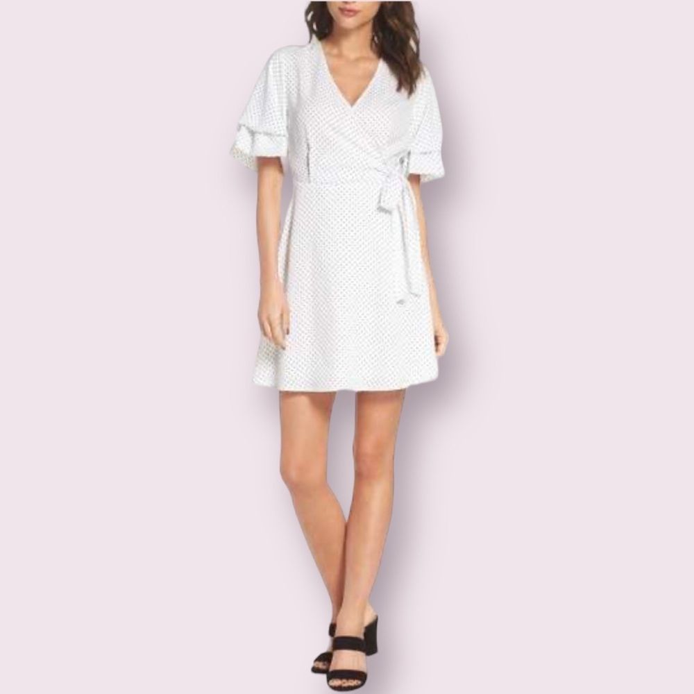 19 Cooper White Polka Dot Faux Wrap Dress Flutter Sleeves size Small NWT *Flaw